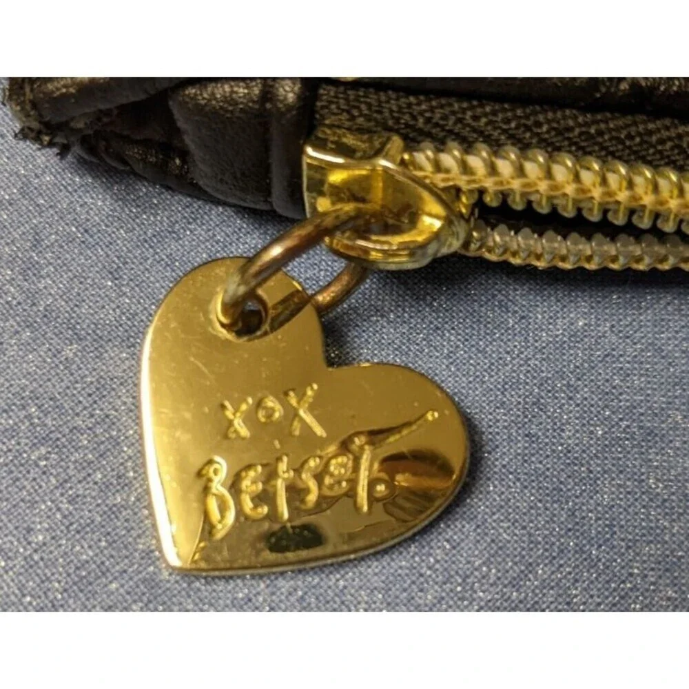 Betsey Johnson Black Quilted Faux Leather Heart Design Clutch Gold Hardware